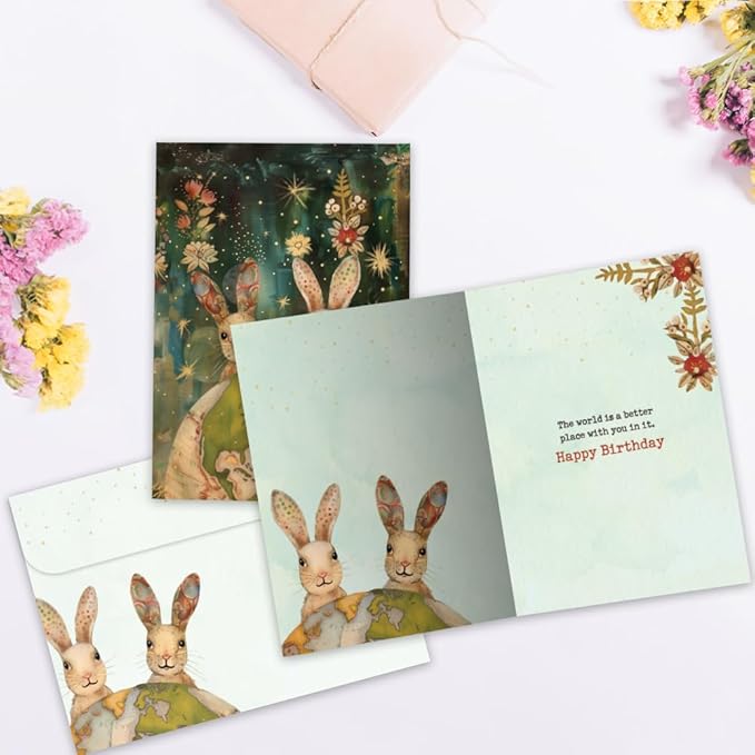Tree-Free Greetings - Birthday Card - Artful Designs - 1 Greeting Card + Matching Envelope - Made in USA - 100% Recycled Paper - 5 x 7 - Earth Rabbits (GO69862)