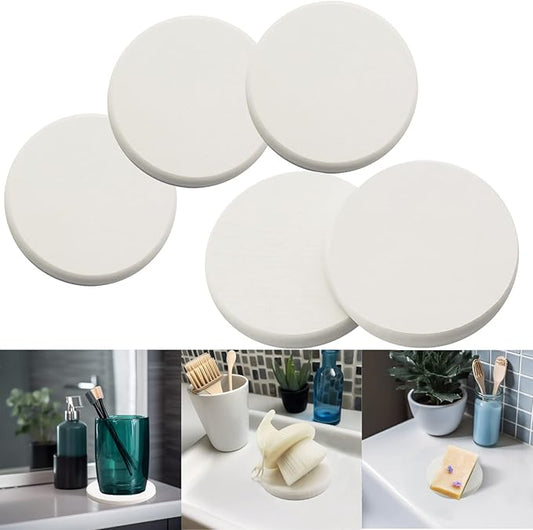 Mucco Water Absorbing Stone Tray for Sink, Water Absorbent Diatomite Coasters, Premium Diatomaceous Earth Soap Holder Dish，Fast Drying Stone Sink Tray for Hand soap & Cups & Drinks Bottles (5 White)
