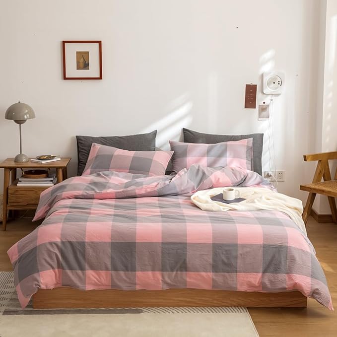FACE TWO FACE Bedding Duvet Cover Set100% Washed Cotton Duvet Cover Linen Like Textured Breathable Durable Soft Comfy (King, Grey Powder Grid)