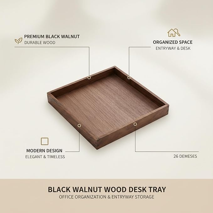 Solid Black Walnut Wood Desk Organizer Tray for Office, Entryway, and Home Storage