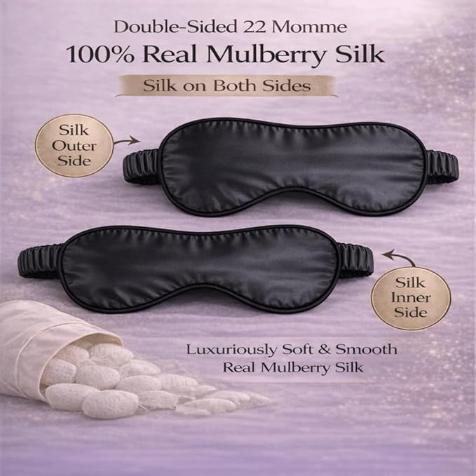 100% Mulberry Silk Sleep Mask for Women/Men Airplane Travel, Pure 22 Momme Silk Eye Mask Blackout for Sleeping, Ajustable, Luxury, Anti Wrinkle, Anti Aging Silk Blindfold, Made in USA (Black)