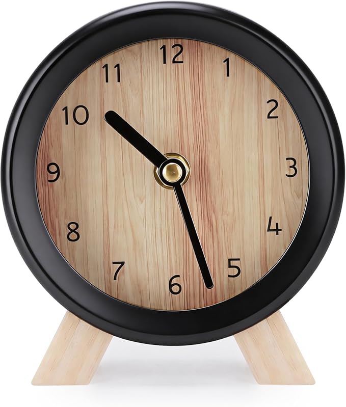 Maxspace Wooden Analog Clock, Small Silent Bedside Desk Clock Battery Operated, Elegant and Decorative Table Clock with Wooden Frame for Living Room, Bedroom, Bedside, Desk (Black)