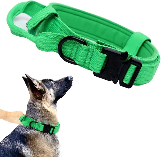 Tactical Dog Collar - Adjustable Nylon, Heavy Duty Metal Buckle with Handle for Dog Training (Bright Green, XXL)