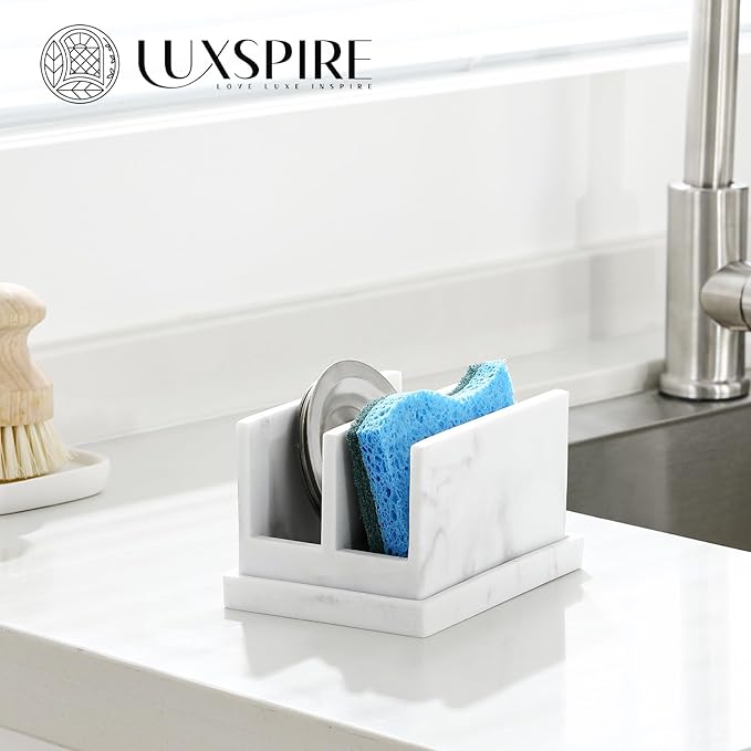 Luxspire Kitchen Sponge Holder, Dish Sponge Holder with with Drain Tray, Marble Sponge Holder for Kitchen Sink, Kitchen Sink Caddy 2 Compartments, Gravel White