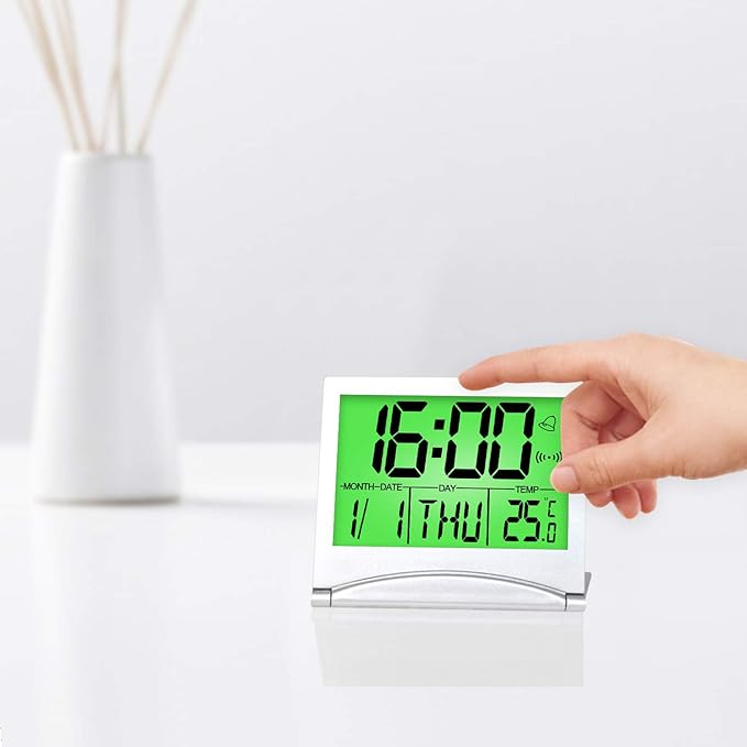 Betus Digital Travel Alarm Clock with Backlight - Foldable Calendar Temperature Timer LCD Clock with Snooze Mode - Large Number Display, Battery Operated - Compact Desk Clock