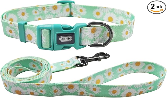 Dog Collar Leash Set, Floral Pattern, Polyester Material, Adjustable Collar and 5ft Matchcing Leash, for Medium Dogs.(M, Light Green Daisy)