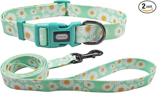 Dog Collar Leash Set, Floral Pattern, Polyester Material, Adjustable Collar and 5ft Matchcing Leash, for Medium Dogs.(M, Light Green Daisy)