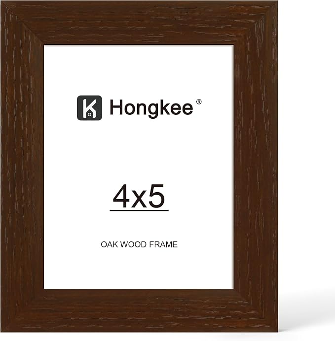 Hongkee 4x5 Oak Wood Picture Frame (1 Pack, Walnut) with Real Glass Cover | Solid Wood 4 x 5 Small Frame for Wall or Tabletop Display - Includes Easel Back, Vertical Hang - Ideal for Home, Office