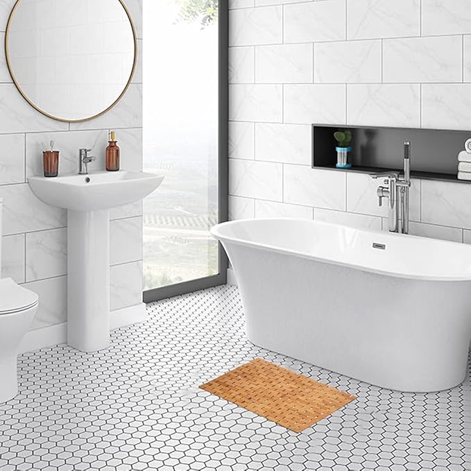 Bambo Bath Mat Bathroom Rugs Floor Wood Shower Bathtub Waterproof Non Slip Natural Accessories 16x24 Inch Easy to Clean, 2 pcs