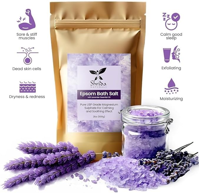 Lavender Bath Salt Soak 2 lb, Epsom & Himalayan Pink Salt with Pure Lavender Essential Oil, Magnesium-Rich Muscle Recovery & Stress Relief Soak, Relaxing Aromatherapy, Sleep Body Care