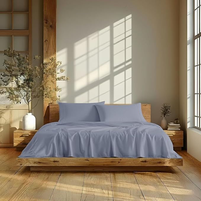 Linen Closet 4Pc 100% Organic Cotton Full Size Sheets Set, Blue, 300 Thread Count, Naturally Derived EarthColors, Deep Pocket Fitted Sheet (Up to 18"), Soft Bed Sheets Set, Juego De Sábanas Full