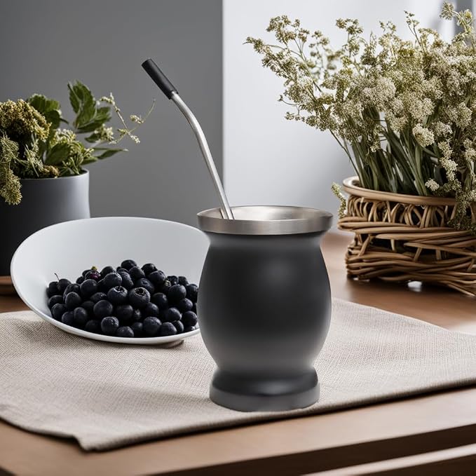 Reusable Bombilla Yerba Mate Straw - Stainless Steel Removable Spoon Style Filter with Soft Silicone Tip - Metal Straw for Drinking Loose Leaf Tea, Coffee - Includes Cleaning Brush by Beruth（Black）