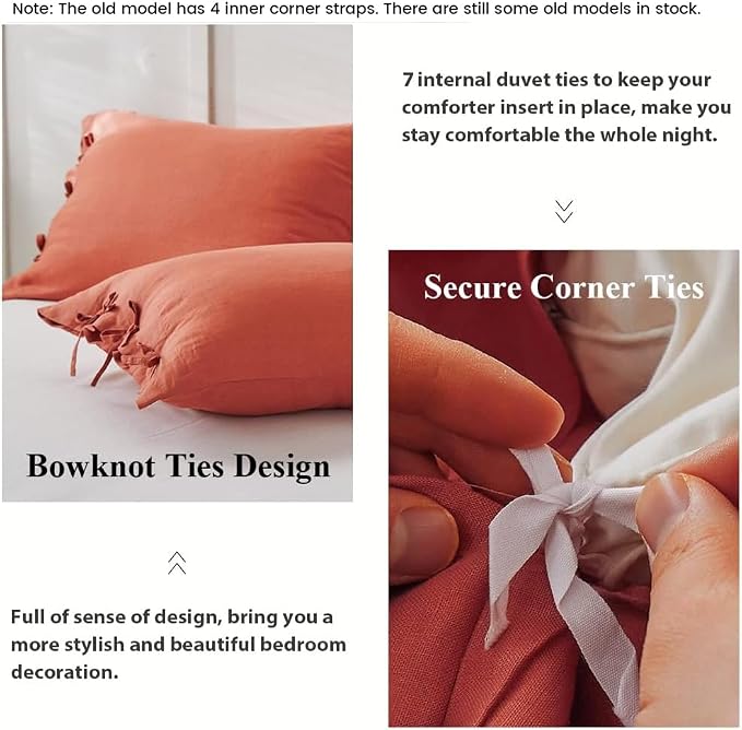Simple&Opulence 100% Linen Duvet Cover Set 3pcs with Bowknot Ties Closure Natural French Washed Flax Solid Color Soft Breathable Farmhouse Bedding - Brick Red, Queen Size