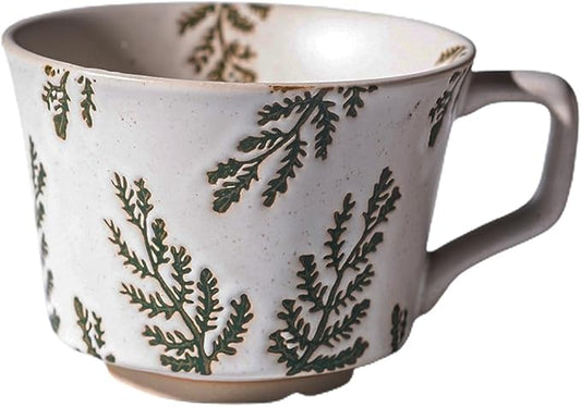 Handmade Ceramic Coffee Mug with Handle for Tea Latte,12 oz. Microwave Dishwasher Cup, Art Gifts Green Plant Leaf Mug, Cup for Coffee, Tea & Hot Chocolate, Cypress Leaves