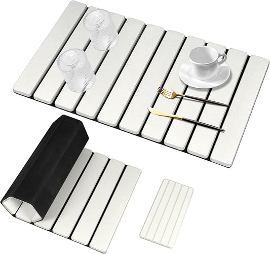 2Pcs Large Stone Dish Drying Mat for Kitchen Counter, Foldable Super Absorbent Diatomaceous Earth Mats with Anti-Slip Leather Base, Quick Drying Modern Dish Mat (White, 24"x 16" & 8"x 4" )