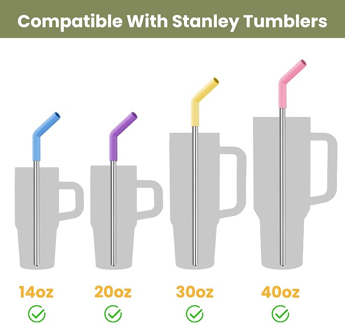 Tomorotec 6-Pack Stainless Steel Reusable Straw with Silicone Tip 3 Sizes, Metal Drinking Straws Fit for Stanley Quencher Tumblers 40oz, 30oz, 20oz, 14oz, Cleaning Brushes Included (Rainbow)