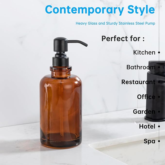 Amber Glass Soap Dispenser, 17oz 500ml Refillable Liquid Hand Soap Dispenser, 304 Stainless Steel Pump Leakproof Lotion Container for Bathroom Kitchen Sink Vanity Countertop