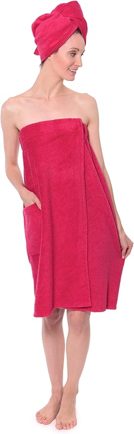 TexereSilk Women's Towel Wrap - Rayon Cotton Blend Spa Wrap Set (The Waterfall, Rose Red, Large/X-Large)