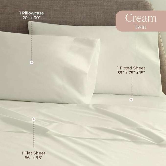 100% Organic Cotton Sheets Twin Size - GOTS Certified Cotton Percale Sheets with Crisp Cool & Breathable Percale Weave Perfect for Hot Sleepers - Durable Luxury 4 Piece Set (Cream, Twin)