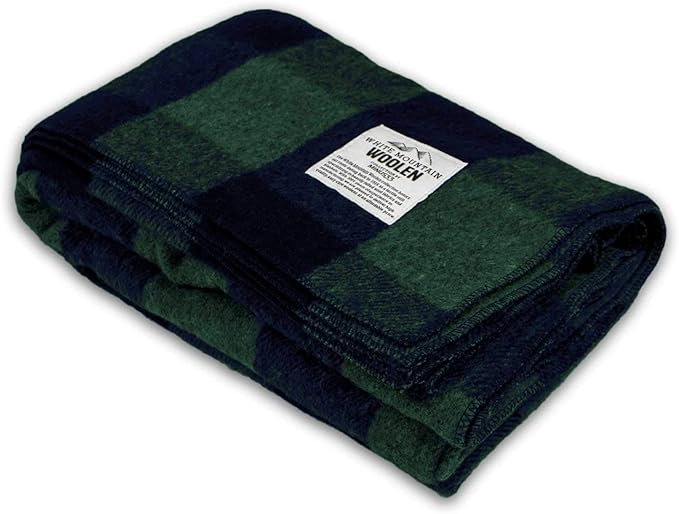 Camp Throw Blanket - 80% Recycled Wool - Buffalo Plaid - Warm Throw Blanket - Thick - Washable - 62W x 80L - Green and Blue Plaid