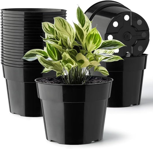 RooTrimmer 20 Pack Plant Pots, 6 Inch Plastic Plant Planter with Saucers and Mesh Mats, Durable Flower Pots with Drainage Holes Perfect for Indoor Outdoor, Black