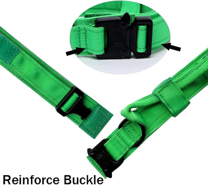 Tactical Dog Collar - Military Dog Collar - Adjustable Nylon - Heavy Duty Metal Buckle with Handle - Bright Green - XL
