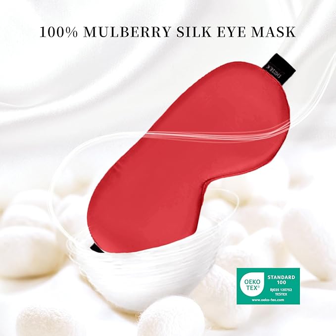 THXSILK Sleep Mask 100% 19 Momme Pure Mulberry Silk Super Smooth Cooling Sleep Eye Mask Blackout for Women/Man/Kids Eye Cover with Wide Head Strap Good Night Sleep Comfortable Travel and Nap, Red