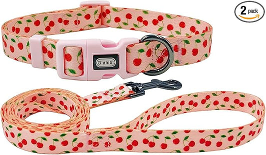 Dog Collar and Leash Set, Cherry Pattern, Polyester Material, 5ft Leash, for Puppy Dogs.(Extra Small,Pink Cherry)