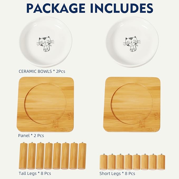 DoogCat Elevated Cat Bowls for Indoor Cats – Raised Bamboo Cat Bowl Stand with 5.75 Inch Wide Ceramic Dishes, Pet Food Plate Table for Easy Feeding, Whisker Friendly(White,Set of 2)