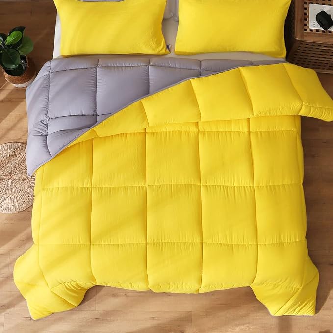 APSMILE Reversible Full/Queen Bed Comforter - All-Season Down Alternative Comforter, Ultra-Soft Cloud Fluffy Microfiber Quilt Duvet, Illuminating Yellow/Ultimate Gray