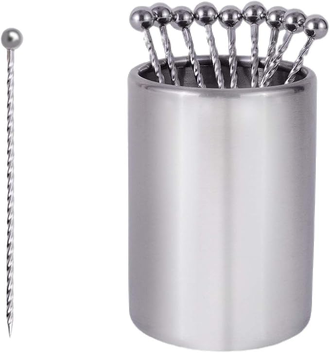 Lexenic 12-Piece Cocktail Picks Set with Holder, Premium 304 Stainless Steel Martini Skewers, Reusable Garnish Sticks for Olives, Appetizers & Fruit (12 Threads Silvery)