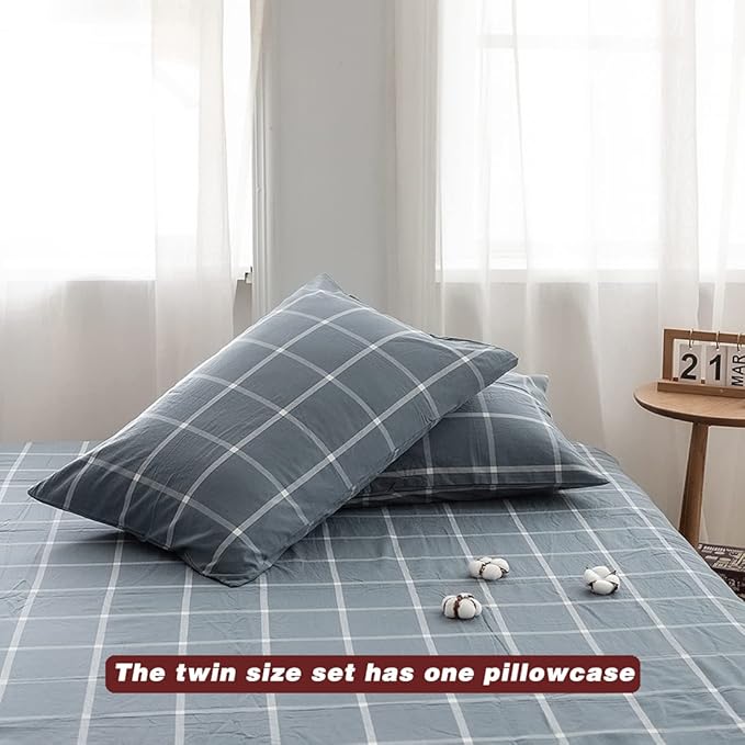 FACE TWO FACE Bedding Duvet Cover Set100% Washed Cotton Duvet Cover Linen Like Textured Breathable Durable Soft Comfy (Twin, Grey Green Grid)