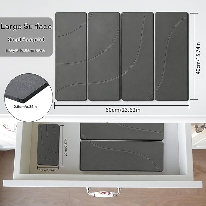 23.6"×15.7" Diatomaceous Earth Stone Dish Drying Mat, Foldable Super Absorbent Quick Dry Non-Slip Eco-Friendly Pad for Kitchen Counter, Dishes, Cups, Bottles & Utensils, Dark Gray
