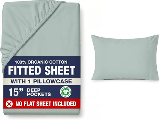 LANE LINEN Twin Fitted Sheets - 100% Organic Cotton 2-Piece Set (1 Fitted Sheet, 1 Pillowcase), Percale Weave, Bottom Sheet, Soft, Breathable, Fits Mattress Upto 15' Deep -French Blue (No Flat Sheet)