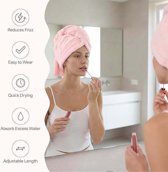 REDKISS 2 Pack Microfiber Hair Towel Wrap for Women, Super Absorbent Quick Dry Hair Turban for Thick Long Curly Hair, Large Stay-Put Anti-Frizz Hair Drying Towels, Pink Blue Gray