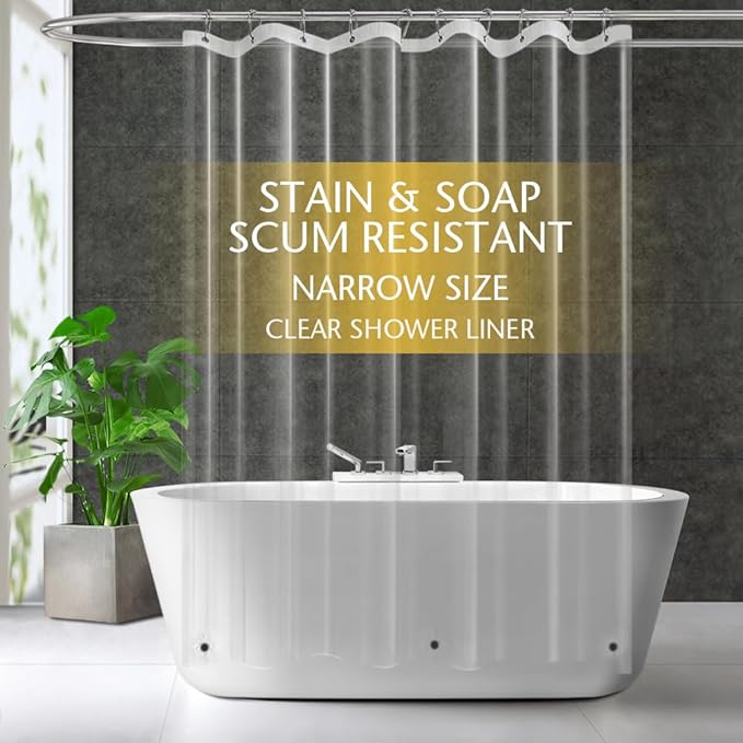ZEMAHOME Narrow Size Clear Plastic Shower Curtain Liner, 60x72 Inch Thin Lightweight Transparent Plastic Bathroom Shower Showroom Inner Curtain with Rustproof Metal Grommet Holes and Weighted Magnets