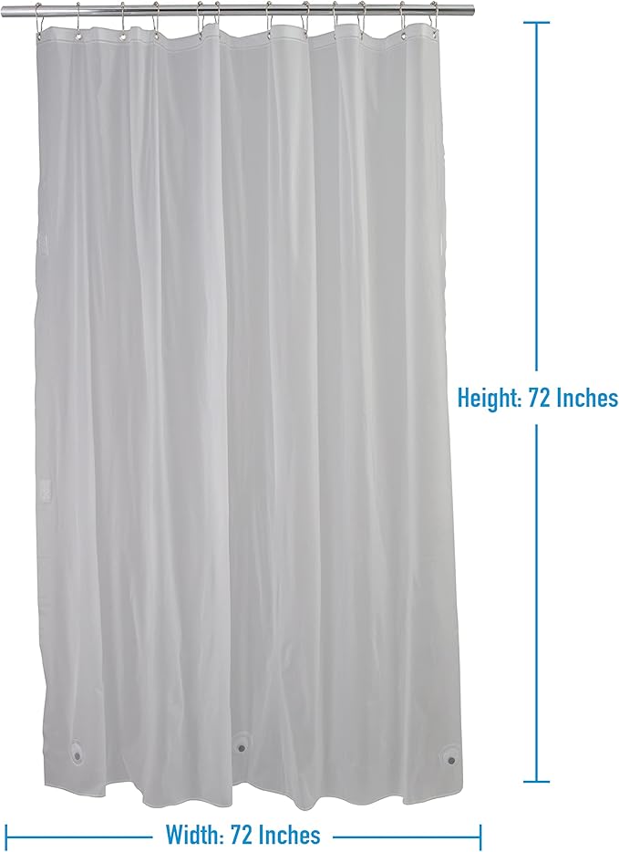 Bath Bliss Waterproof Shower Curtain Liner, 4X’s Splash Guard Suction Cup Leak Protection, 12 Rust Resistant Copper Grommets, 3 Large Magnet Hem, 100% PVC, 72"x72", Frost