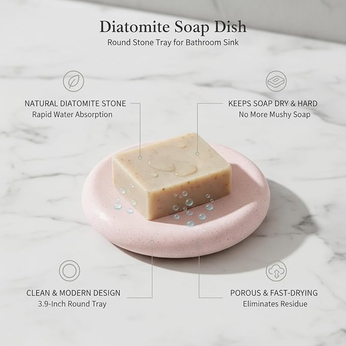 Round Diatomite Soap Dish, 3.9 Inch Natural Stone Bar Soap Holder for Bathroom Sink, Vanity, or Shower Ledge