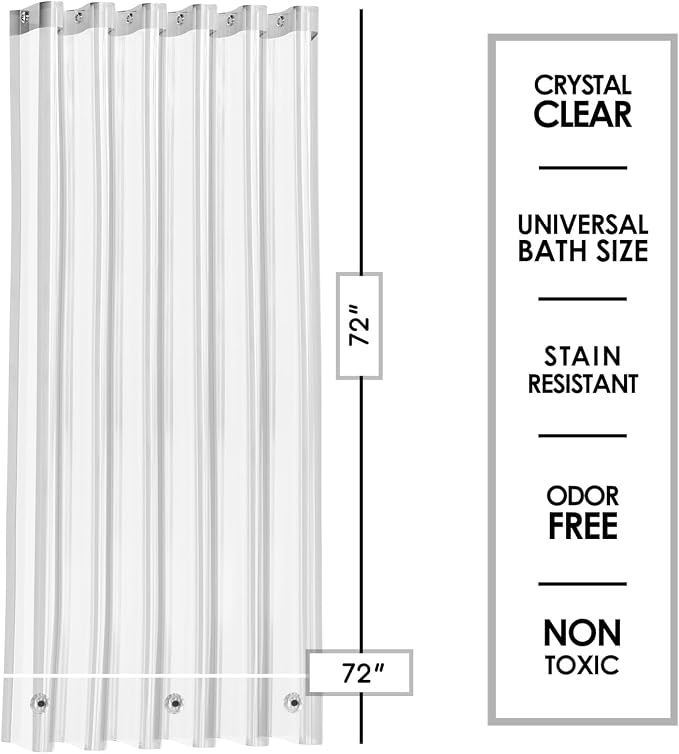 Clara Clark Clear Shower Curtain Liner - 72x72 Lightweight, Waterproof PEVA with 3 Magnets