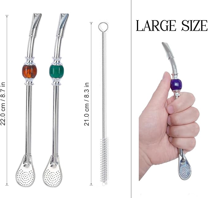 Premium Yerba Mate Straws - Reusable Stainless Steel Bombilla with Colorful Beads - Set for Mate Gourd Drinking, Removable Head Filter (Brown - Green)