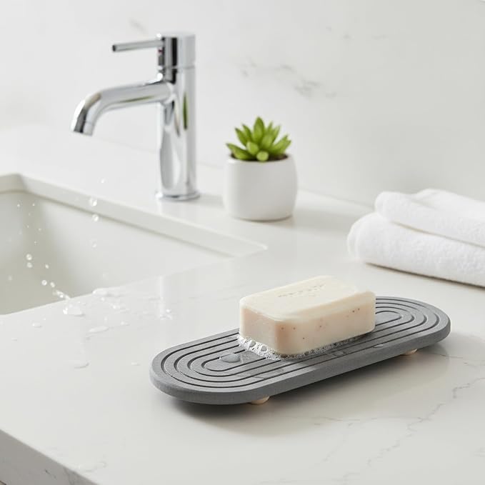 Diatomite Soap Dish with Wooden Stand, Absorbent Stone Tray for Bar Soap, Bathroom Sink Counter Organizer (1 PC)