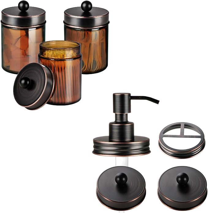 3PACK Amber Glass Qtip Holder+ Mason Jar Bathroom Accessories Lids Set(4pcs)-Oil Rubbed Bronze