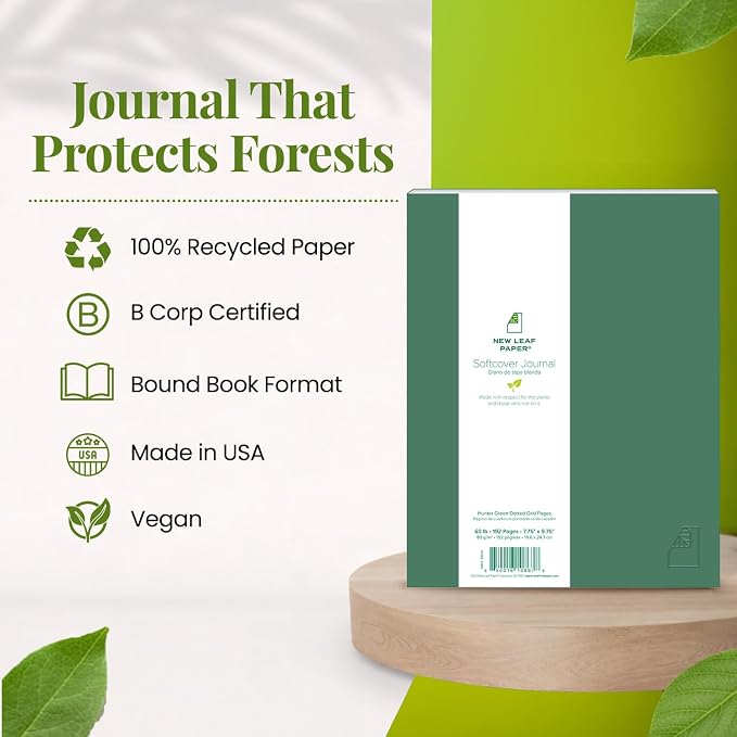 100% Recycled Softcover Dotted Grid Journal, Hunter Green, 9.75" x 7.75", 192 Pages, Embossed, Perfect Bound, FSC Certified, Made in USA