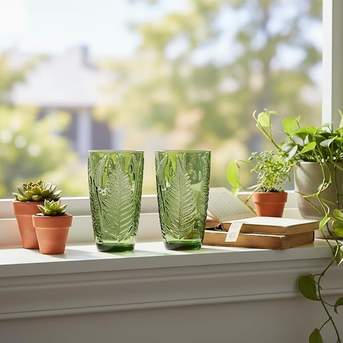 Green Drinking Glasses Set of 8, 12 oz Vintage Hand-Pressed Glass Cups, Fern Textured Highball Tumblers, Antique Style Boho Glassware for Water, Juice, Cocktails & Mocktails, Housewarming Gift Set