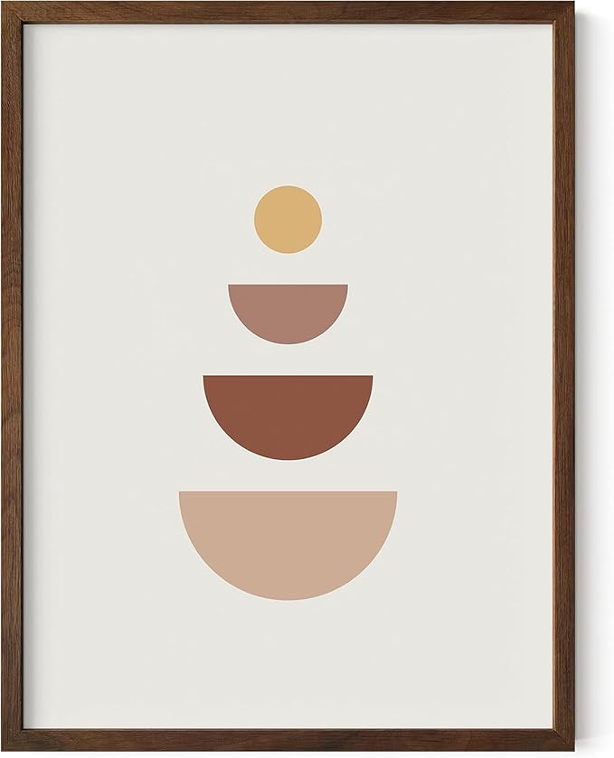 Minimalist Geometric Wall Art Stacked Semi-Circle Shapes Earth Tones Terracotta Brown Mid Century Modern 12x16 Inch Oak Wood Walnut Framed Abstract Print for Office