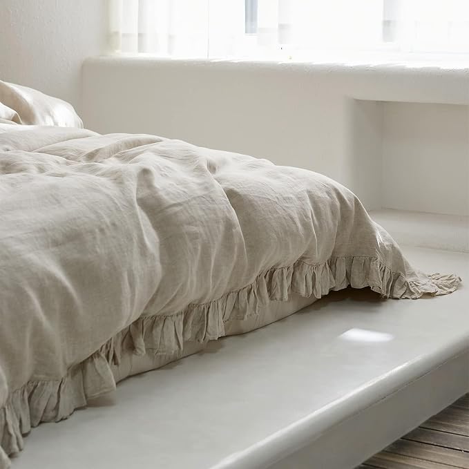 Simple&Opulence 100% Linen Duvet Cover Set, 3 PCS Natural French Flax Ruffle Duvet Cover Full Size, Breathable Comfy Linen Bedding Comforter Cover with 2 Pillowcases (Natural Linen, 78"X 86")