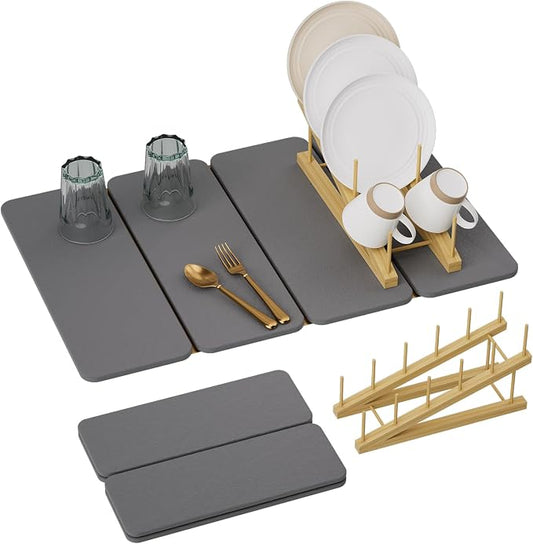 2-in-1 Diatomaceous Earth Dish Drying Mat and Bamboo Dish Rack Combo, 24x16 Inch Super Absorbent Fast Dry Stone Dish Drying Mat, Collapsible Space Saver for Kitchen Counter Bathroom Apartment
