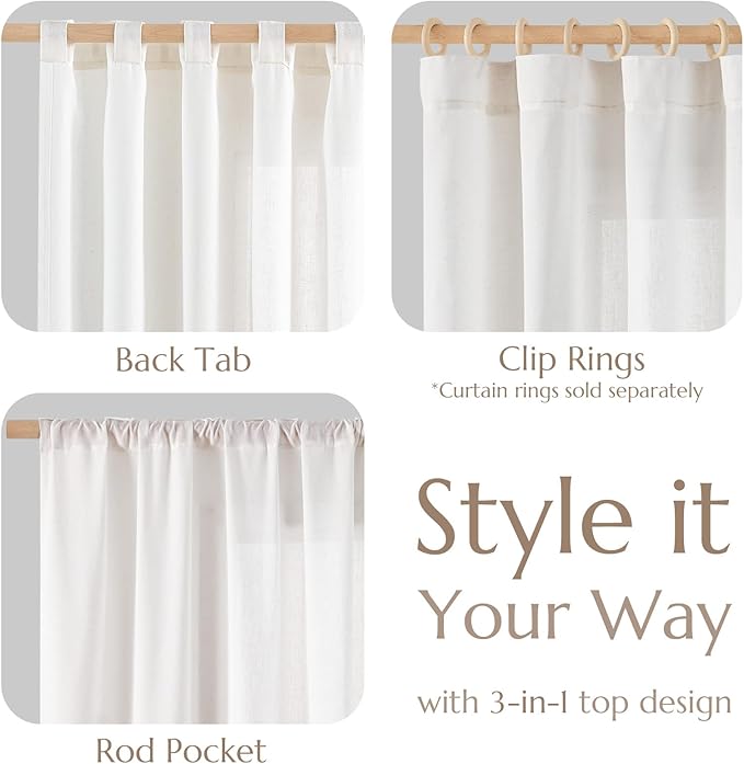 jinchan White Linen Curtains Semi Sheer Curtains 90 inch Length for Closet Door Small Window Living Room Bathroom Neutral Farmhouse Cottage Core Light Filtering Privacy Rod Pocket Back Tab 2 Panels