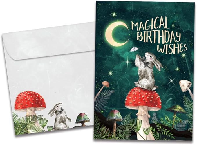 Tree-Free Greetings Magical Wishes Birthday Card - 1 Recycled 5x7 Card & Matching Envelope, Thick Cardstock, Made in USA - Witchy Mushroom Rabbit