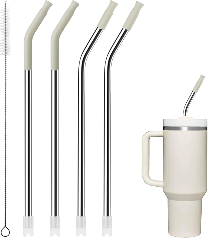 4Pack Reusable Stainless Steel Metal Straws for 40 oz Tumblers | Long Drinking Straws with Colourful Silicone Tips, Cleaning Brushes Included